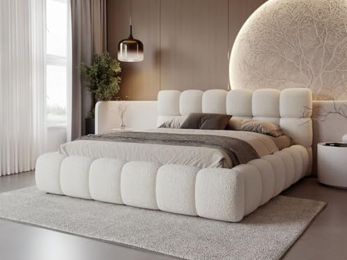 GRAINGOLD Modo Bett 140x200, Polsterbett mit Bettkasten, Polsterbett mit Stauraum, Bouclé-Stoff, mit Lattenrost, mit Kopfteil, ohne Matratze (Beige, 140x200)
