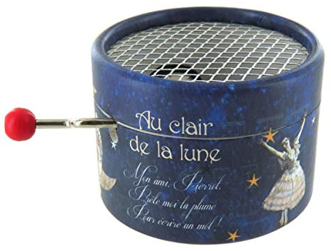 Runde Spieluhr/Spieldose/Musikdose aus Pappe mit Handkurbel und 18-Ton-Spielwerk - Thema: Französisches Kinderlied - Au clair de la lune (Traditionell)