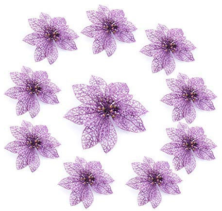 Zerodis 10 stücke Glitter Lila Weihnachten Blumen Hohl Künstliche Stoff Simulation Blumen Weihnachtsbaum Dekorationen für Hochzeit Festival Decor Ornament (Violett, 10PCS)