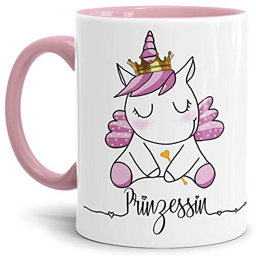 Tassendruck Einhorn-Tasse mit Spruch Unicorn Prinzessin - Glitzer/Rosa/Geschenk-Idee/Stern/Regenbogen/Innen & Henkel Rosa