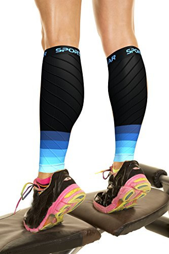 Physix Gear Sport Medias compresión hombre y mujer, las mejores pantorrilleras running para mejorar la circulación, perneras ciclismo para recuperar los músculos, 1 par, S/M - M/L, negro/azul