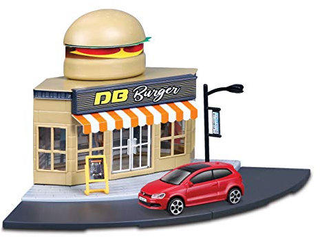 Bburago City Fast Food Set: Spielzeuggebäude, inklusive Zubehör und 1 Spielzeugauto (18-31504)