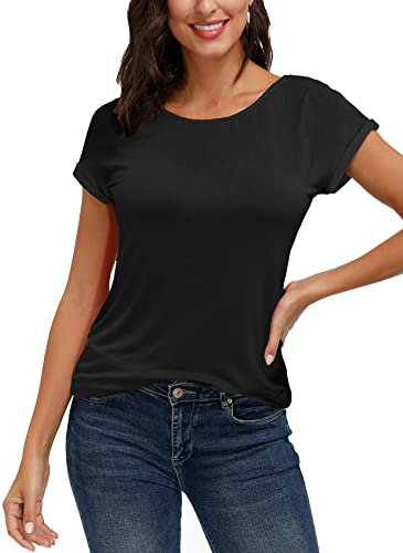 TrendiMax Camiseta Casual Mujer Verano Camisas Mangas Cortas T-Shirt Estampados Blusas Tops Negro Puro M