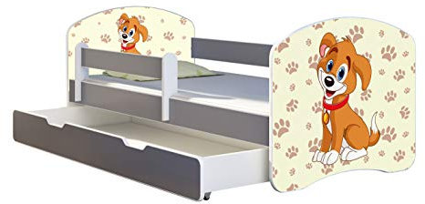 ACMA Kinderbett Jugendbett mit Einer Schublade und Matratze Grau mit Rausfallschutz Lattenrost II (11 Welpe, 180x80 + Bettkasten)