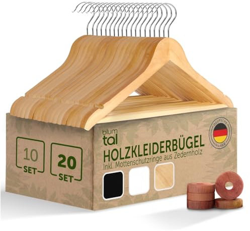 Blumtal Kleiderbügel Holz 20er Set - Holzbügel mit 360° drehbarem Metallhaken - Bügel aus robustem Holz mit Zedernholz Mottenschutz - Holzkleiderbügel mit Anti-Rutsch-Schicht & Einkerbungen - Hangers