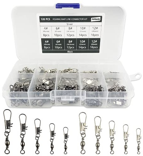 120Pcs Fishing Swivels and Clips for Quick Change Swivels Fishing Hook to Line Connectors 4# 6# 8# 10# 12#