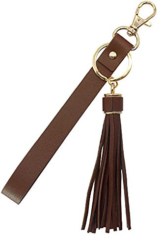 PAMIR TONG Leather Wristlet Strap for Key, Hand Wrist Lanyard Key Chain Holder with Tassel for Wallet Purse Clutch Cellphone, Brown, Middle, M