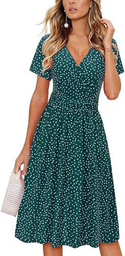 OUGES Women's Summer Short Sleeve V-Neck Floral Casual Ladies Dress with Pockets(Green Polka Dot,M)