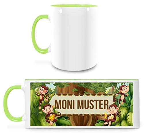 Manutextur Tasse mit Namen - personalisiert - Motiv Affen - viele Farben & Motive - weiß/hellgrün - persönliches Geschenk mit Wunsch-Motiv und Wunsch-Name