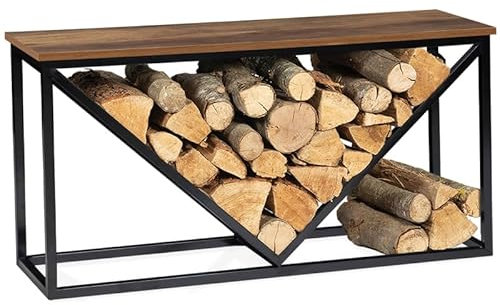 IDMarket - Range bûches Horizontal Hawkins Acier Noir Plateau Bois foncé pour cheminée
