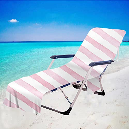 FANSU Streifen Schonbezug für Gartenliege Frottee Liegenauflage Garten Sonnenliege Handtuch mit 2 Taschen Stuhl Strandtuch für Schwimmbäder, Strände, Gartenhotels (Rosa,75x210cm)
