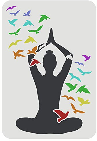 FINGERINSPIRE Pochoir de Pose de Yoga 29,7 X 21 cm Pochoir de Dessin de Yoga Réutilisable Femmes Pratiquant Le Yoga Pochoir Yoga et Oiseaux Volants Pochoir pour Peinture sur Mur, Toile