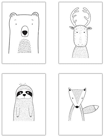 WBdesignz Kinderzimmer Poster Babyzimmer Bilder 4er Set Niedliche Tiere Faultier Rentier Bär Fuchs (DIN A4, ohne Rahmen)