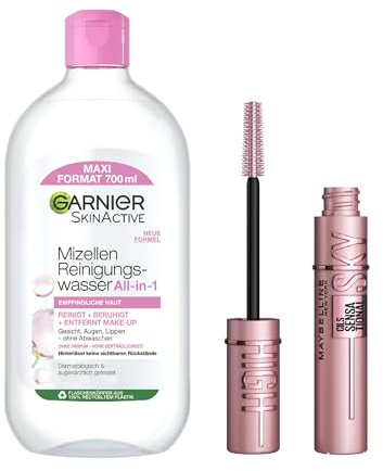 Garnier und Maybelline New York Make-Up Routine Set, Mit Mizellen Reinigungswasser und Maybelline New York Sky High Mascara, Für lange Wimpern und einfaches Abschminken, 2-teilig