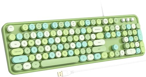 Atelus Computer Keyboard Wired, Typewriter Style, Plug Play USB Keyboard with Large Number Pad, Caps Indicators, Foldable Stands, Full Size Wired Keyboard for Windows PC Laptop (Green Colorful)