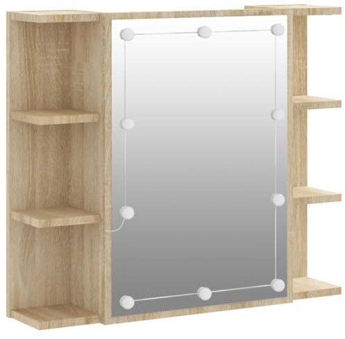 vidaXL Spiegelschrank, Wandregal mit LED-Leuchten, Wandschrank mit viel Stauraum, Schminkspiegel mit Ablagen Schrank Badezimmer, Sonoma-Eiche