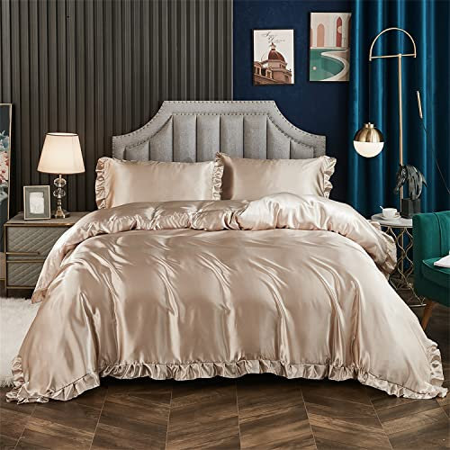 Freyamy Bettwäsche 155x220 Glatt Luxus Seide Bettwäsche Set Khaki Champagne Einfarbig Rüschen Romantisch Sommer Bettwäsche Sets 1 Bettbezüge und Kissenbezug 80x80 mit Reißverschlüsse