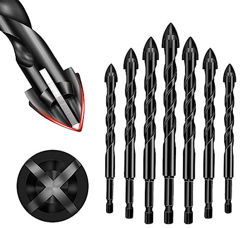 4-Edge Cross Drill Bit Set 7pcs,Masonry Drill Bits Set, Hex Shank Drill Bit Set,Multifunctional Cross Alloy Ceramic Drill Bits Set for Ceramic Tile,Wall,Cement,Wood