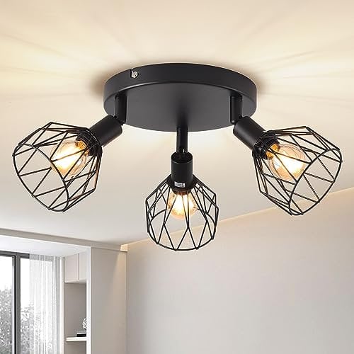 ANWIO deckenstrahler 3 flammig, vintage deckenlampe schwarz E14 drehbar, Deckenstrahler Schwarz mit rundem Sockel,Deckenstrahler,deckenlampe led, lampe wohnzimmer kinderzimmer (ohne Glühbirnen)
