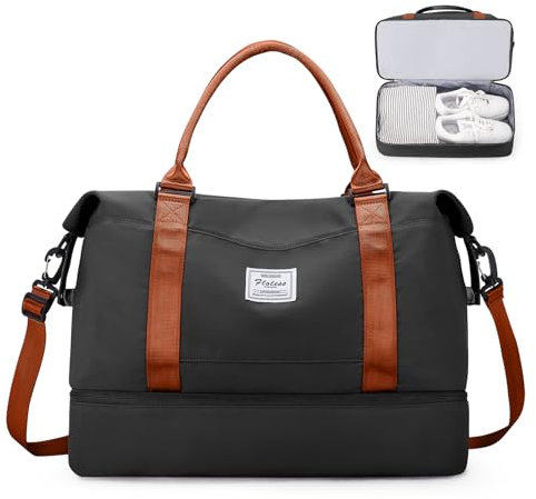 Reisetasche Damen Easyjet Handgepäck Tasche Sporttasche Weekender Bag Schwimmtasche Wasserdicht Travel Bag Duffle Bag Fitnesstasche Trainingstasche Krankenhaustasche mit Schuhfach,A10-Schwarz Braun