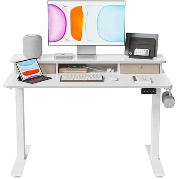 CubiCubi Höhenverstellbarer Elektrischer Stehtisch mit Doppelschublade, 100 x 60 cm Stehtisch mit Ablage, Sitz-Steh-Schreibtisch mit Verbindungsplatte,Weißer Rahmen/Weiße Oberfläche