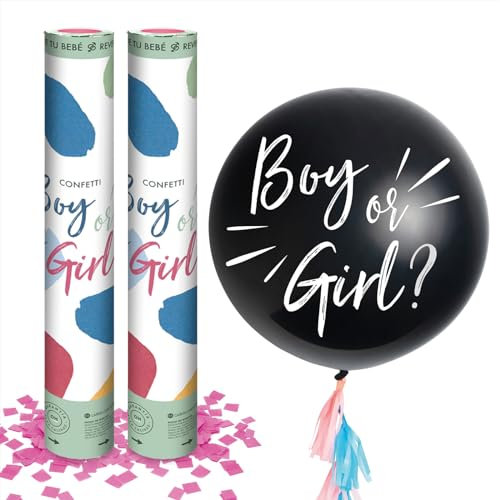 OH YEAH - Kit Revelación Género Bebe - 2 uds Cañones Confeti Rosa 50 cm - 1 ud Globo Látex Ø90 cm Boy or Girl? - Kit Baby Shower Niña - Photocall - FÁCIL DE USAR