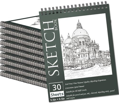 OSIMIG 10 Stück A5 Skizzenbuch, Spiralgebundener Zeichenblock A5 Hardcover, Klein Skizzenblock, für Kinder und Profis für Zeichnungen und Skizzen, 21 cm x 14 cm, 300 Blatt, 100g Papier