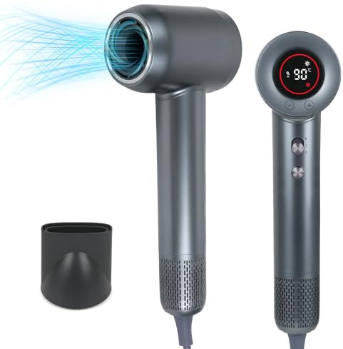Ionen Haartrockner, 1800W Temperaturanzeige Föhn mit 110,000RPM Bürstenlosem Motor und Fön Diffuser Düse, Schnelltrocknen Hair Dryer für Zuhause, Salon, Reise (Grau)