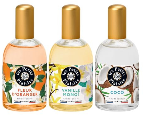 Les Petits Plaisirs - Lot de 3 - Eau de toilette Vanille Monoï, Fleur d’oranger & Coco. Eau de toilette femme, Délicates & Chaleureuses. Made in France.110ml