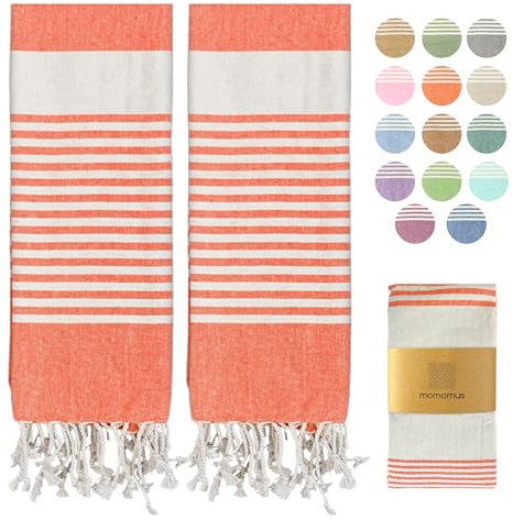MOMOMUS Pack von 2 Fouta XL oder Strandhandtuch Baumwolle 100% - Saugfähig, Ultraweich, Kompakt - Ideal als Strandtuch, Hamamtuch und Saunahandtuch - Lachs, 90x180cm