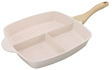 WBDHEHHD Padella per la colazione 3 in 1 Padella per griglia in lega a prova di bastone, quadrata, leggera ed ergonomica, padella per griglia divisa con manico in legno, padella divisa