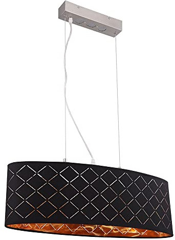 Deckenleuchte hängend Hängelampe Esstisch Wohnzimmer Lampe Decke hängend Wohnzimmer, 3 Flammig Stanzungen, Metall Textil schwarz gold, 3x LED 7W 1065Lm 2700K, LxBxH 65x25x140cm