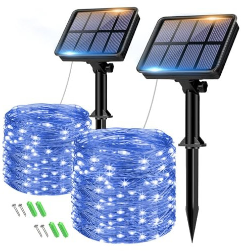 btfarm 2 Pezzi Catena Luminosa Esterno Solare, 8+2M 80LED Luci Natale Esterno Solari, 8 Modalità Impermeabili Filo di Rame Lucine Natalizie Energia Solare Decor Per Giardino Albero - Blu