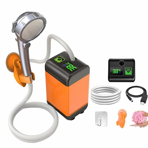 NMM Douche de Camping Portable avec Pompe, Douche de Camping d'extérieur avec Rechargeable 6000 mAh et Affichage de la température, kit de Douche Mobile avec pommeau de Douche et Tuyau de 2 m pour la
