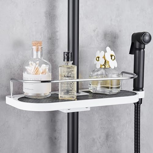 FIISAYL Estanteria Baño Jabonera Ducha Estante Ducha sin Taladro Repisas para Baño Pared Baldas Rinconera para Barras de Ducha de 24mm-25mm Negro & Blanco 1 unidad