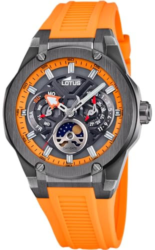 Lotus Uhr für Herren 18946/3 Vortex mit Mondphasenanzeige – Schwarzes Edelstahlgehäuse, Oranges Silikonarmband