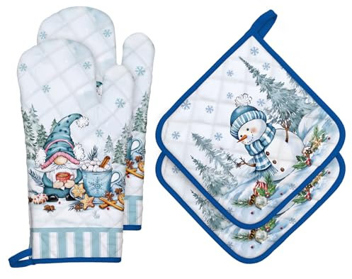 Arquiel Weihnachten Ofenhandschuh und Topflappen 4er Set, 100% Baumwolle Kochhandschuhe, Hitzebeständiger Küchenhandschuh Zum Kochen Backen Grillen Geschenk,Winterkobold