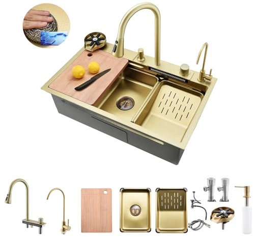 Bokaiya Fregadero de Cocina, Cascada de Acero Inoxidable Raindance Nano Fregadero, Multifuncional con Grifo Extraíble, Tabla de Cortar, Lavavasos, Rainfall Fregadero Cocina 1 Seno 75x45x21cm (Oro)