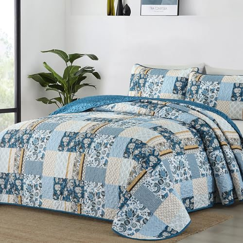 WONGS BEDDING Bettwäsche-Set für King-Size-Bett, 3-teilig, Sommer-Patchwork, kariert, Tagesdecke, Überwurf-Set, Blumenmuster, weich, leicht, Mikrofaser, für alle Jahreszeiten (271 x 228 cm)
