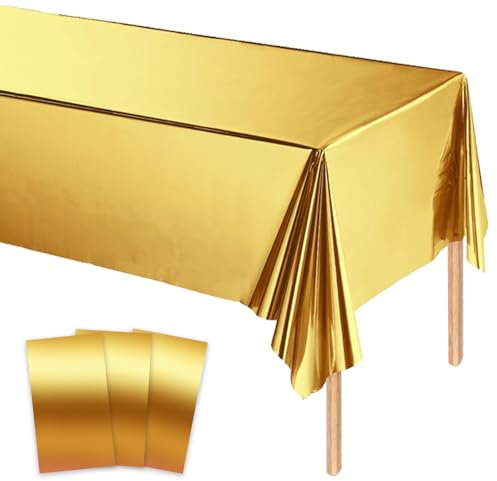 MORAINJAY 3 pièces Nappe Dorée Anniversaire, 137x274 cm, Nappe Plastique Rectangulaire, Idéale pour Mariage, Anniversaire, Fête, Décoration de Table