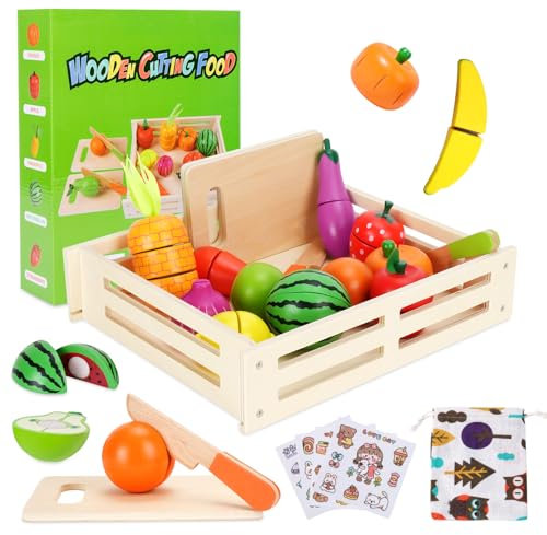 UCAMP Jouet Bois Fruit et Légume de Coupe pour Dinette Enfant - Accessoire Cuisine Jeux Alimentaire en Bois,Nourriture Éducative pour Enfants,Cadeau Anniversaire Noël Garçon Fille Bébé
