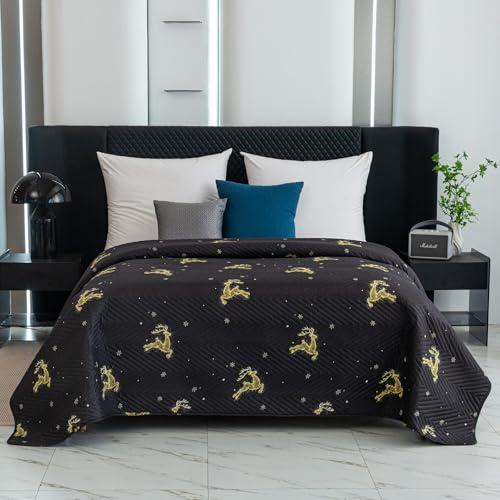 FEBE Tagesdecke Weihnachts Rentiere Bettüberwurf 240x220 cm Überwurfdecke Sofadecke Sofaüberwurf Flauschig Mikrofaser Zimmer Deko