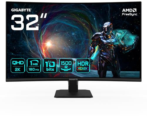 GIGABYTE GS32QCA 31,5 Monitor Gaming Curvo QHD - 2560 x 1440, 180Hz, 1ms, 250CD/m², FreeSync, HDR Ready, HDMI 2.0, DisplayPort 1.4
