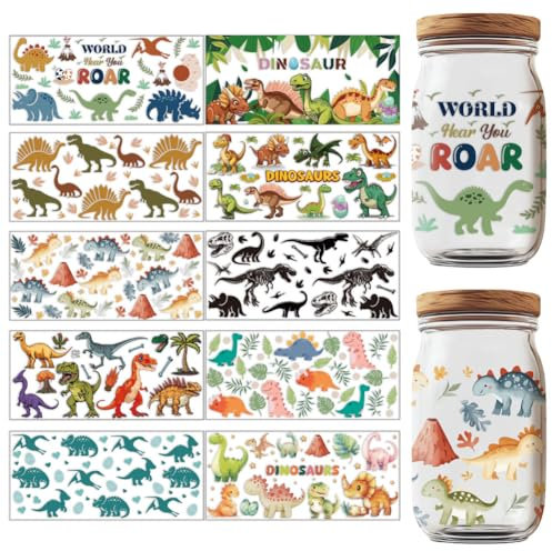 GOMAKERER UV DTF Transfer Aufkleber, 10 Blatt Transferaufkleber Transferpapier Zum Aufreiben Mit Dinosaurier Motiv Wasserfest UV Transferpapier Für Gläser Tassen Möbel Bastelarbeiten