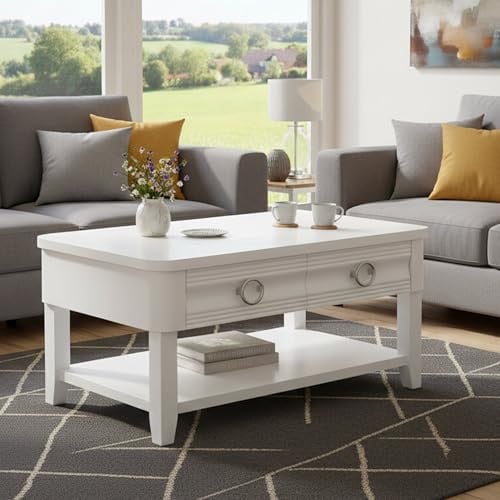 Dmora Couchtisch Bordano 90x60x47h cm Weiß mit 2 Schubladen