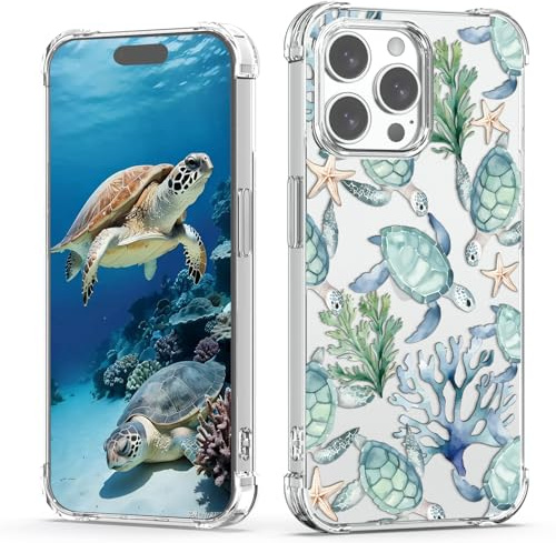 XIMIZU Clear Case For iPhone 14 Pro Turtles,Sea Design Women Four Corner Reinforced Anti-shock Bumper Protector Cover Case for iPhone 14 Pro Girls Green Turtle