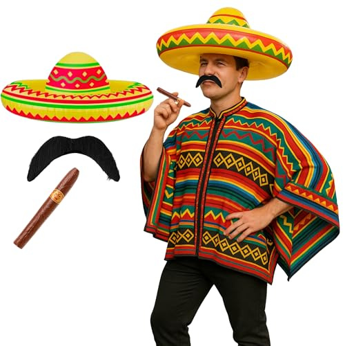Sombrero mexicain gonflable, faux cigare et moustache adhésive | Accessoire de déguisement de fête pour fêtes et célébrations à thème mexicain - Pour adulte (1)