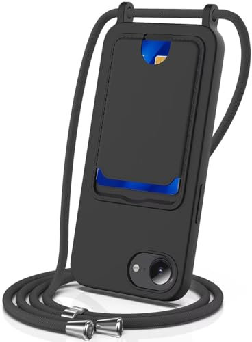 FMPCUON Handykette Flüssigsilikon Hülle für iPhone 16E mit Band,Handyhülle mit Kartenfach,Necklace Schutzhülle mit Abnehmbar Kordel zum Umhängen Stossfest Bumper,Schwarz