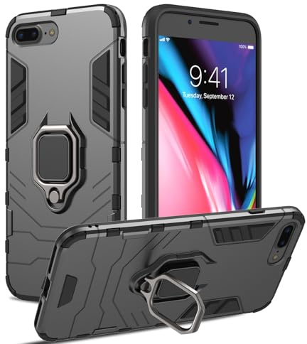 RIIMUHIR Hülle für iPhone 7Plus/8Plus, Panzerhülle mit 360° Metall Ring Ständer, Kratzfestes Stoßfest Hart Handyhülle, Armor Hülle mit Kameraschutz (Schwarz)