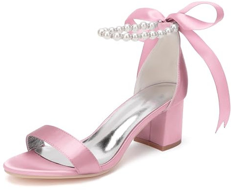 Donna Lacci Scarpe da Vestito da Sposa Punta Aperta Pizzo Sandali da Sposa Tacco Grosso Medio Scarpe da Ballo Festa Serale con Perla,Rosa,42 EU